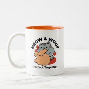 Adorable Cat and Dog Hug – Meow & Woof Design Two-Tone Coffee Mug