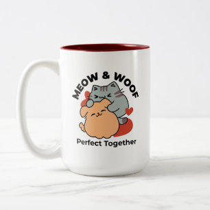 Adorable Cat and Dog Hug – Meow & Woof Design Two-Tone Coffee Mug