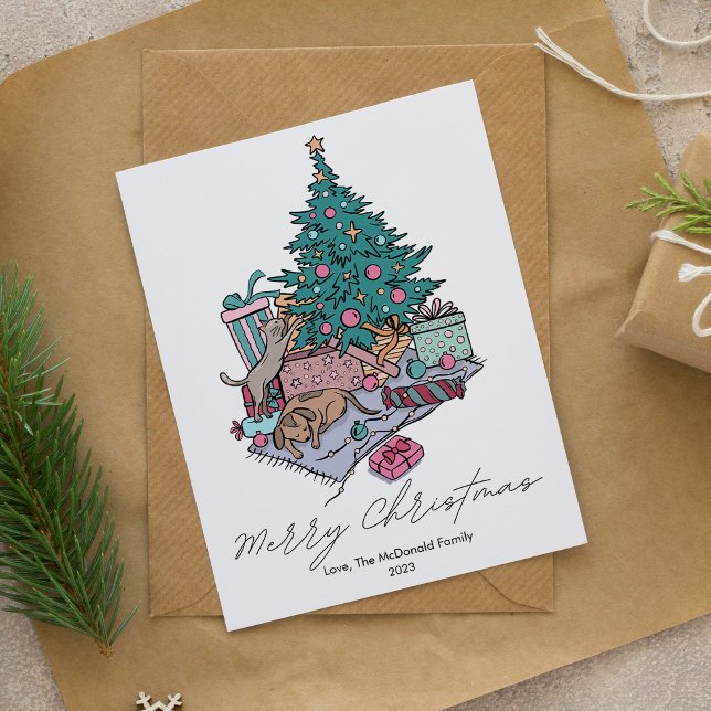 Adorable Cat and Dog Tree Pet Lover Christmas Flat Holiday Card (Creator Uploaded)