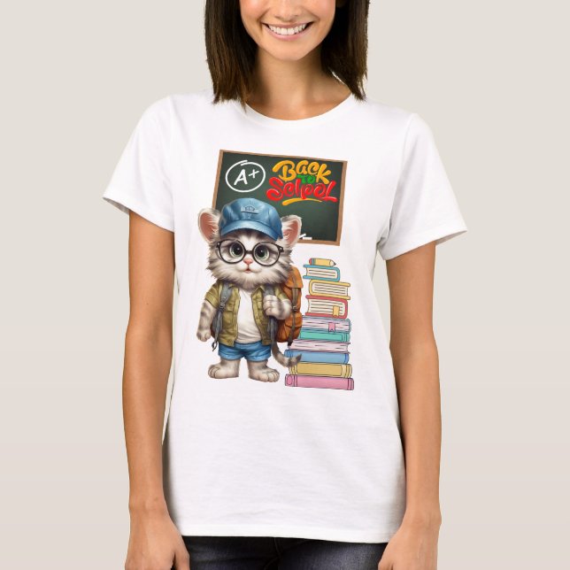 Adorable Cat Back To School Design T-Shirt (Front)