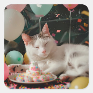 Adorable Cat Birthday Celebration Design Square Sticker