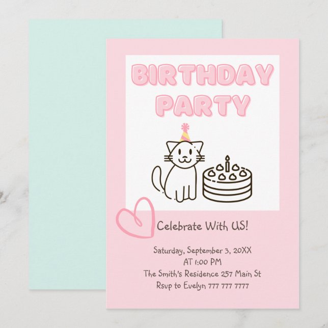 Adorable Cat&Cake Birthday Invitation  (Front/Back)