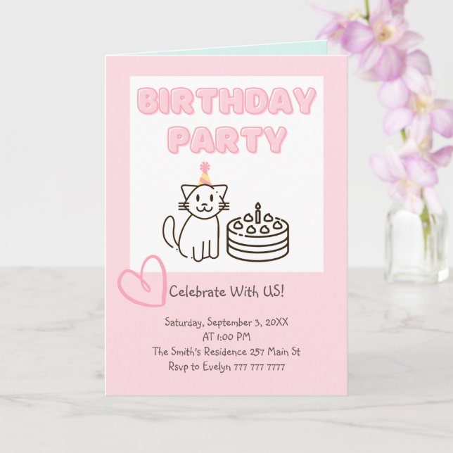 Adorable Cat&Cake Birthday Invitation  (Orchid)