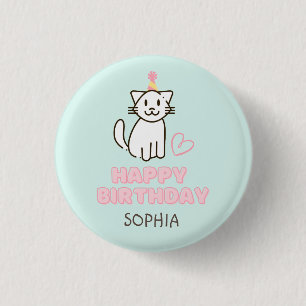 Adorable Cat&Cake Happy Birthday Button