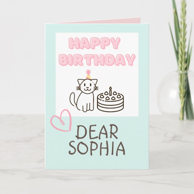 Adorable Cat&Cake Happy Birthday  Card (Front)