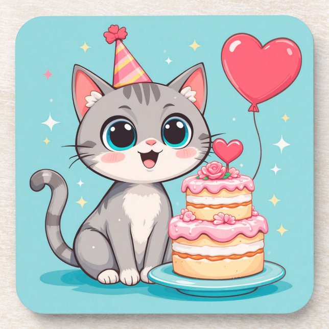 Adorable Cat Celebrating Birthday with Cake Coaster (Front)