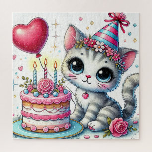 Adorable Cat Celebrating Birthday with Cake Jigsaw Puzzle