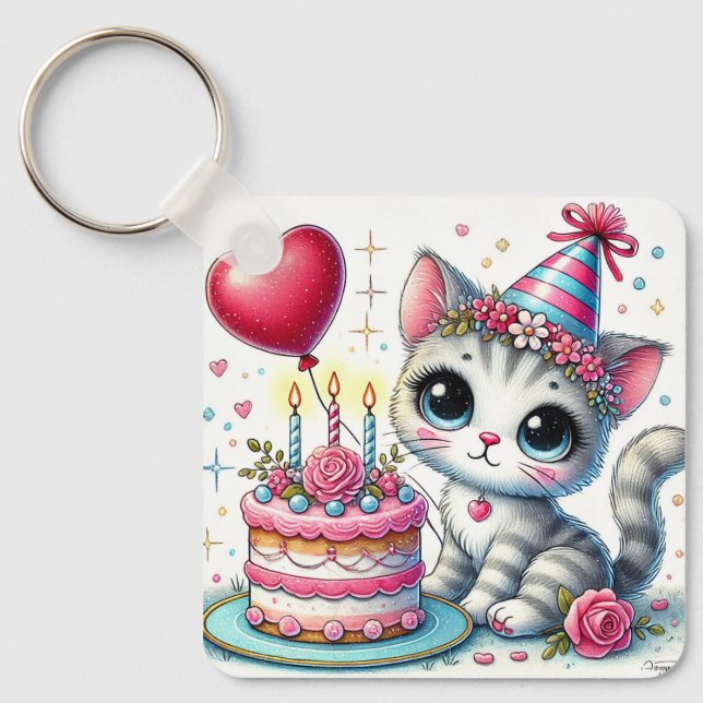 Adorable Cat Celebrating Birthday with Cake Key Ring (Front)