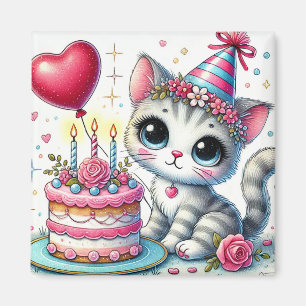 Adorable Cat Celebrating Birthday with Cake Magnet