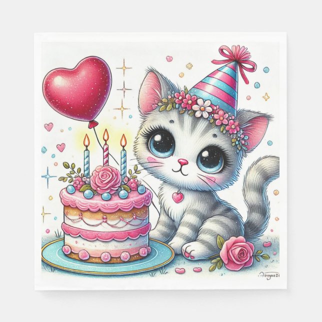 Adorable Cat Celebrating Birthday with Cake Napkin (Front)
