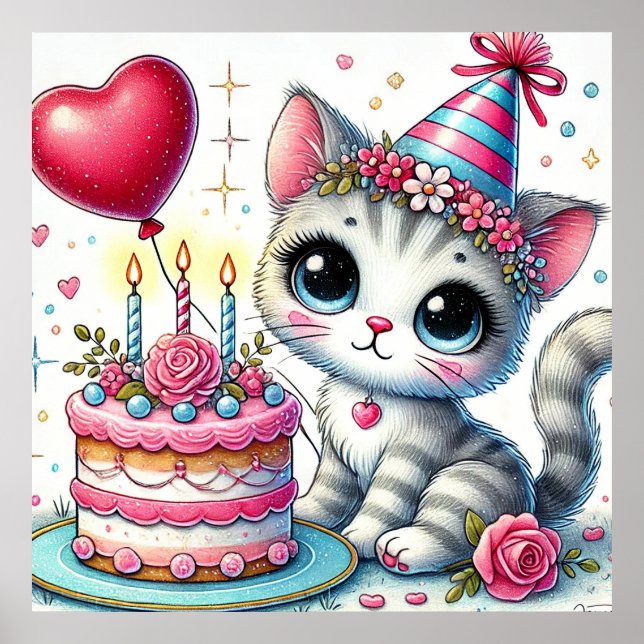 Adorable Cat Celebrating Birthday with Cake Poster (Front)