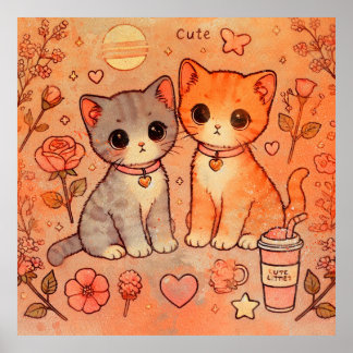 Adorable Cat couple aesthetic decorative painting Poster