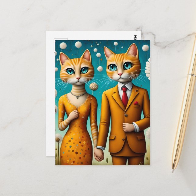 Adorable cat couple surreal flowers postcard (Front/Back In Situ)
