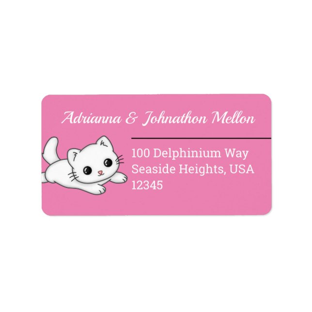 Adorable Cat Custom Pink and White Address Label (Front)