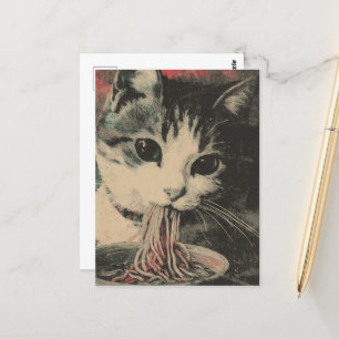 Adorable Cat Eating Noodles Postcard