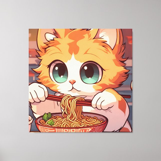 Adorable Cat Eating Ramen Canvas Print (Front)