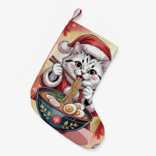 Adorable Cat Eating Ramen Noodles Christmas Hat Small Christmas Stocking
