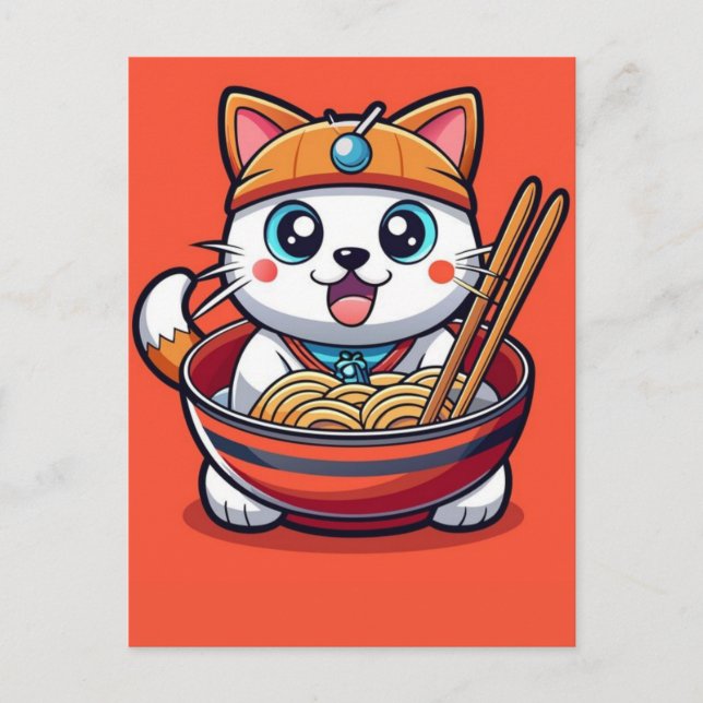 Adorable Cat Enjoying Savory Ramen Noodles Feast Holiday Postcard (Front)