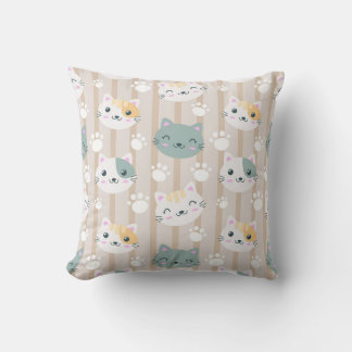 Adorable Cat Faces and Paw Prints Cushion