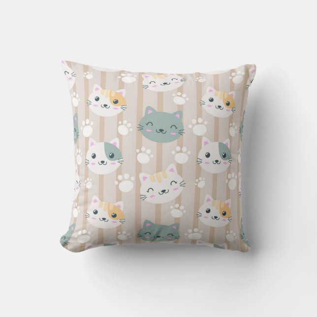 Adorable Cat Faces and Paw Prints Cushion (Front)