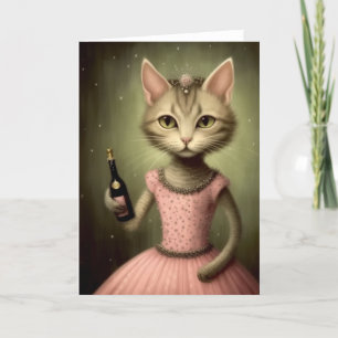 Adorable Cat Holds A champagne bottle Card