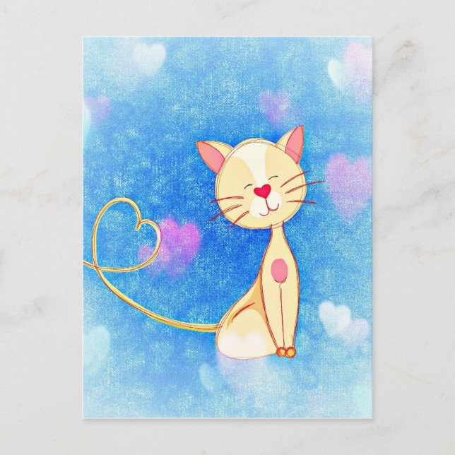 Adorable Cat Illustration with Hearts Postcard (Front)