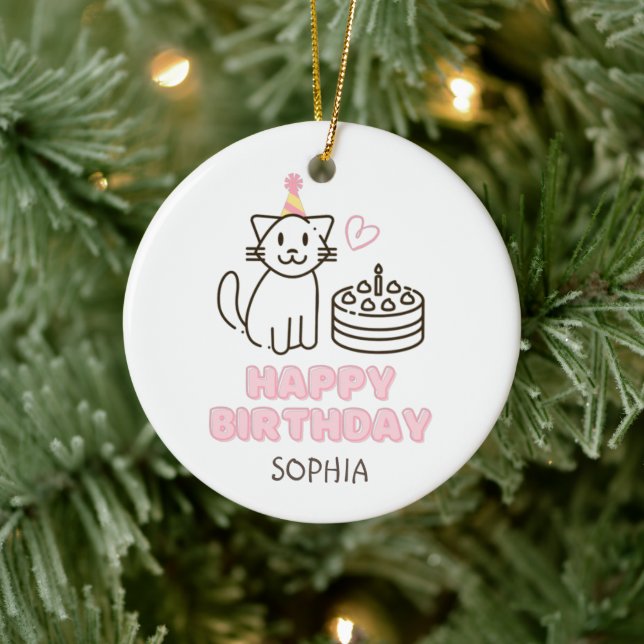 Adorable Cat in a Birthday Hat  Ceramic Tree Decoration (Tree)