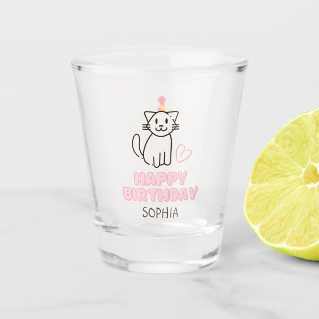 Adorable Cat in a Birthday Hat Shot Glass (Front)