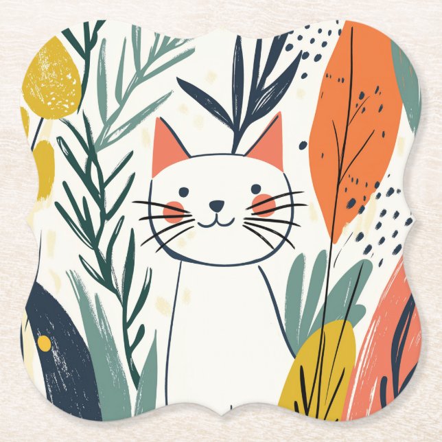 Adorable Cat in a Garden Illustration Paper Coaster (Front)