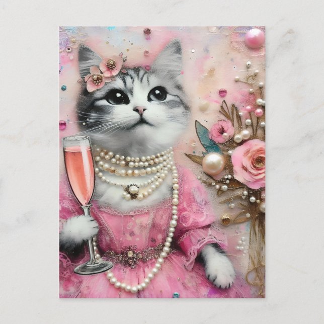 Adorable Cat in a Pink Dress With Pearls  Postcard (Front)