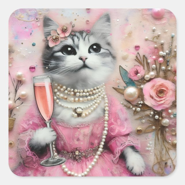 Adorable Cat in a Pink Dress With Pearls  Square Sticker (Front)