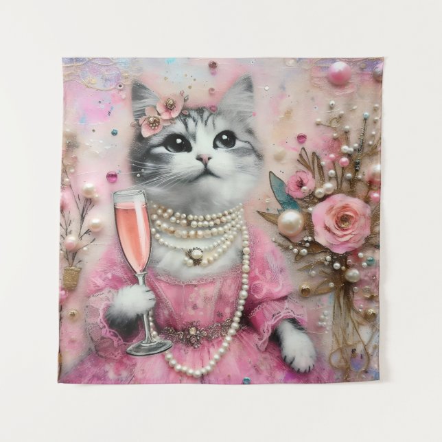 Adorable Cat in a Pink Dress With Pearls  Tapestry (Front)