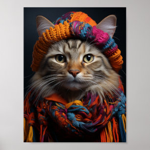 Adorable Cat in a Scarf and Hat Poster