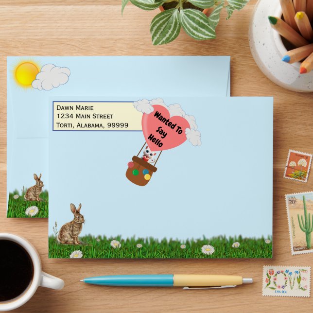 Adorable Cat in Balloon Personalised Envelopes (Desk)
