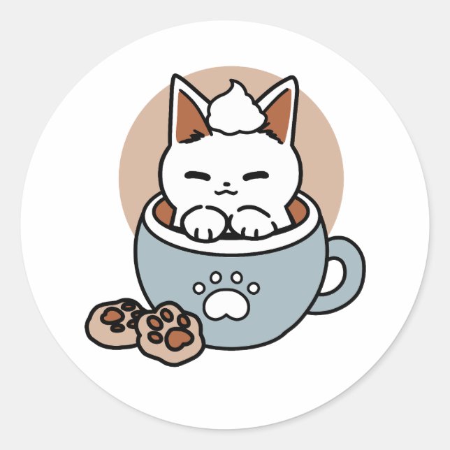 Adorable Cat in Mug Holiday Design - Cat & Cocoa Classic Round Sticker (Front)