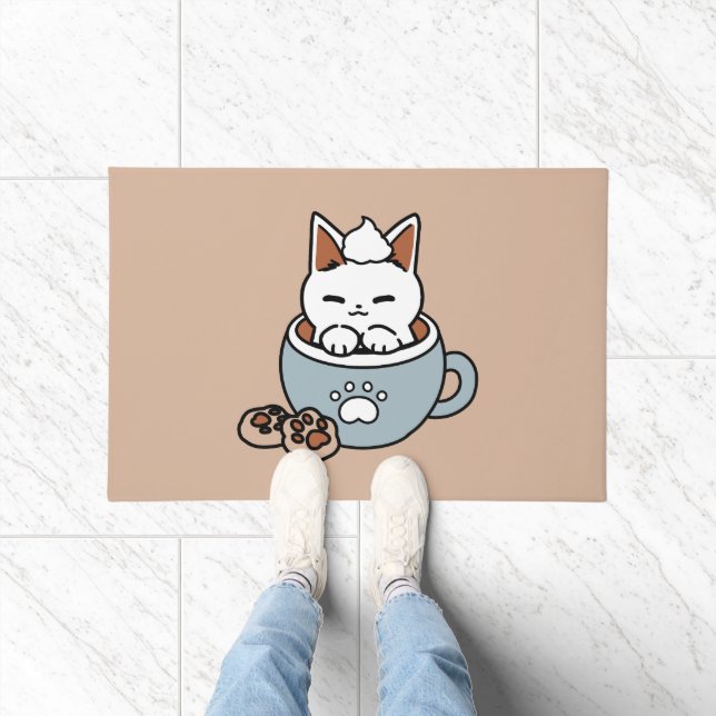 Adorable Cat in Mug Holiday Design - Cat & Cocoa Doormat (Indoor)