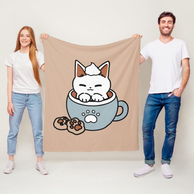 Adorable Cat in Mug Holiday Design - Cat & Cocoa Fleece Blanket (In Situ)