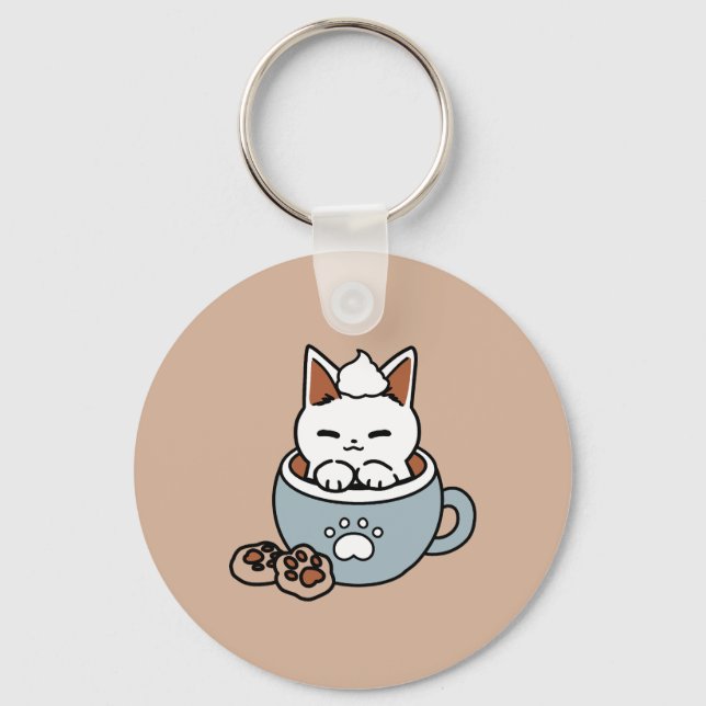 Adorable Cat in Mug Holiday Design - Cat & Cocoa Key Ring (Front)