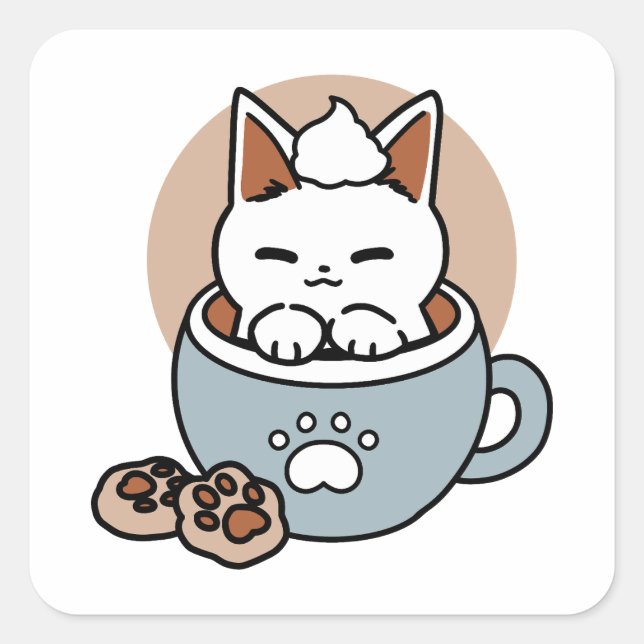 Adorable Cat in Mug Holiday Design - Cat & Cocoa Square Sticker (Front)