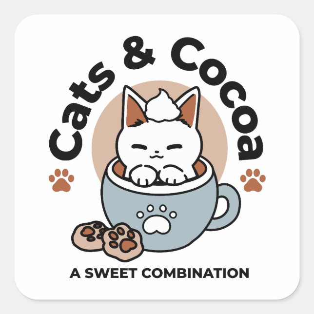 Adorable Cat in Mug Holiday Design - Cat & Cocoa Square Sticker (Front)