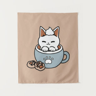 Adorable Cat in Mug Holiday Design - Cat & Cocoa Tapestry