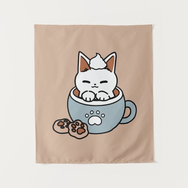 Adorable Cat in Mug Holiday Design - Cat & Cocoa Tapestry (Front)