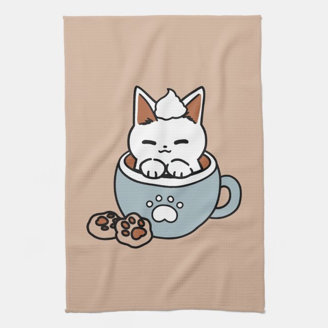 Adorable Cat in Mug Holiday Design - Cat & Cocoa Tea Towel (Vertical)