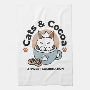 Adorable Cat in Mug Holiday Design - Cat & Cocoa Tea Towel
