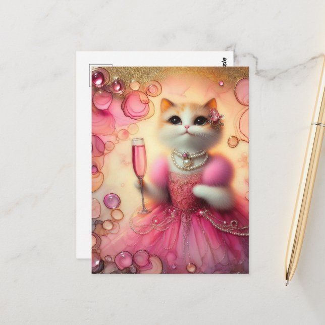 Adorable Cat in Pink and Pearls With Drink In Hand Postcard (Front/Back In Situ)