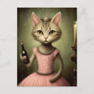Adorable Cat in Pink with Champagne Bottle Postcard