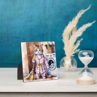Adorable Cat in Pyjamas Doing Laundry Funny  Plaque