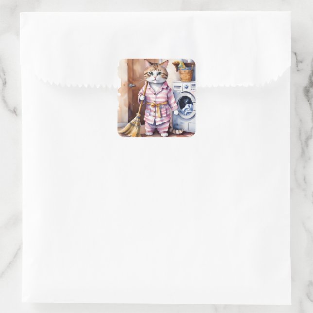 Adorable Cat in Pyjamas Doing Laundry Funny  Square Sticker (Bag)