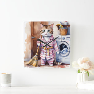 Adorable Cat in Pyjamas Doing Laundry Funny  Square Wall Clock