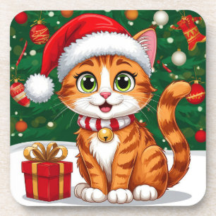 Adorable Cat in Santa Hat with Gift Coaster